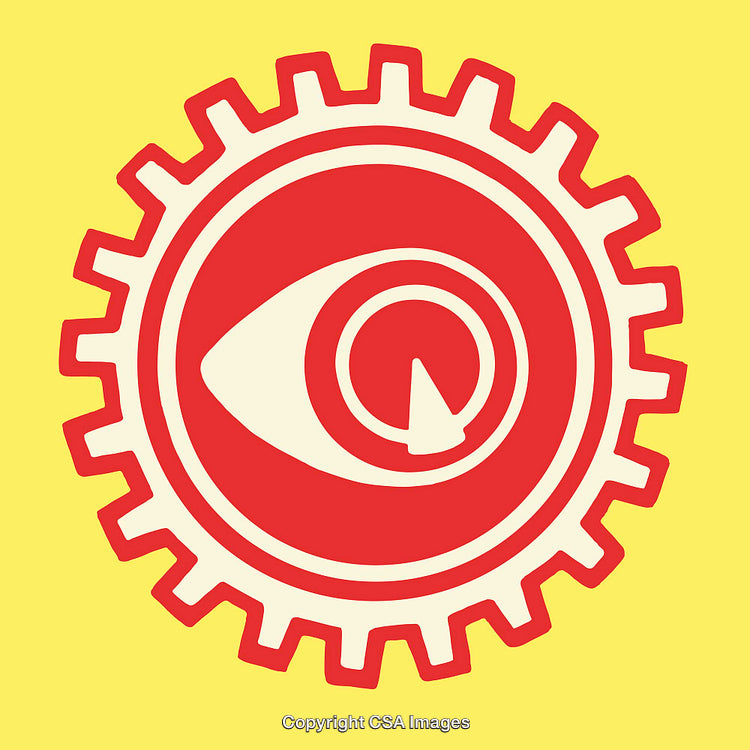 Eye Within Gear Symbol in Bold Red and Yellow Colors