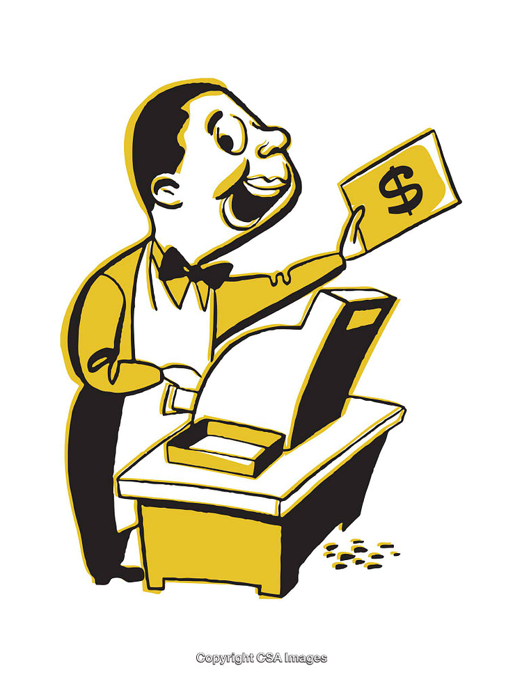 Retro Cashier Illustration with Dollar Bill and Cash Register