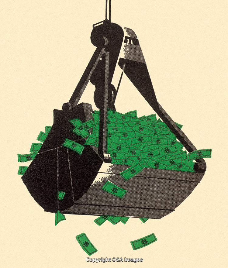 Mechanical Shovel Overflowing With Money Symbolizing Wealth and Business Success