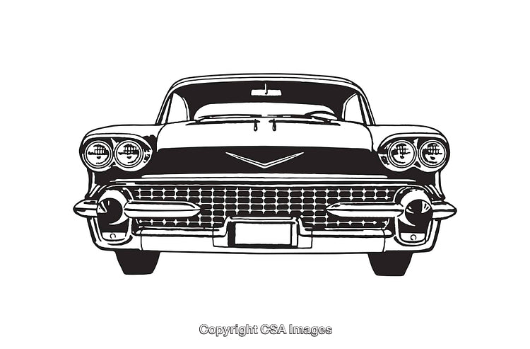 Vintage Classic Car Front View Black and White Line Art Illustration