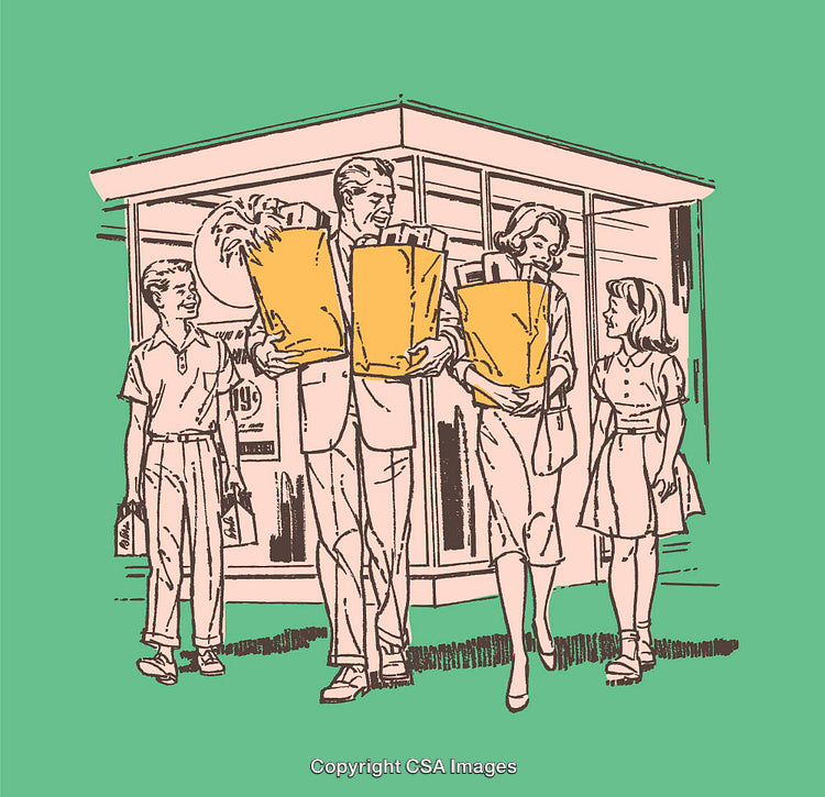 Retro Family Shopping Scene With Line Art Illustration
