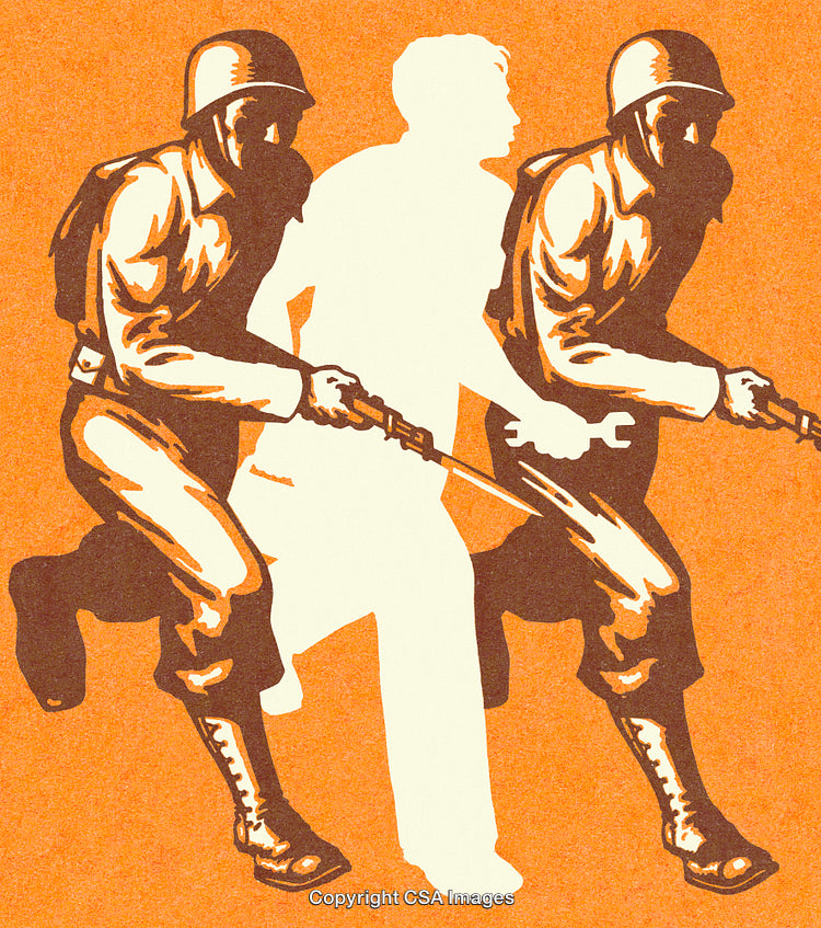 Stylized Illustration of Uniformed Soldiers and a Silhouetted Figure on Orange Background