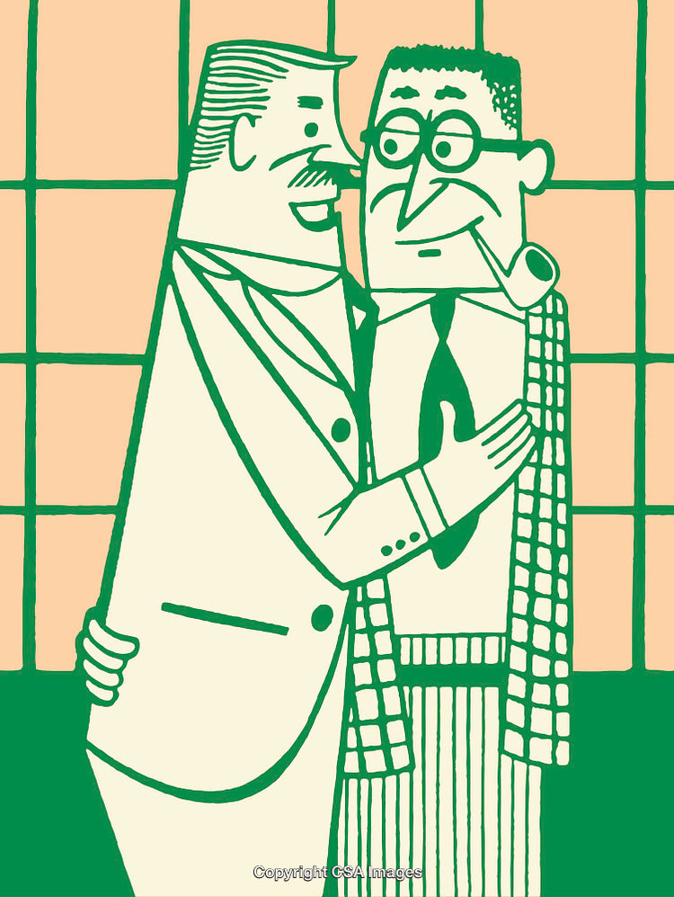 Playful Cartoon of Two Men Conversing in a Vibrant Green Illustration