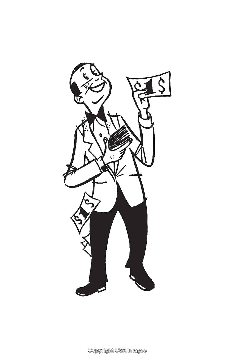 Black and White Illustration of a Happy Man Holding Money Bills