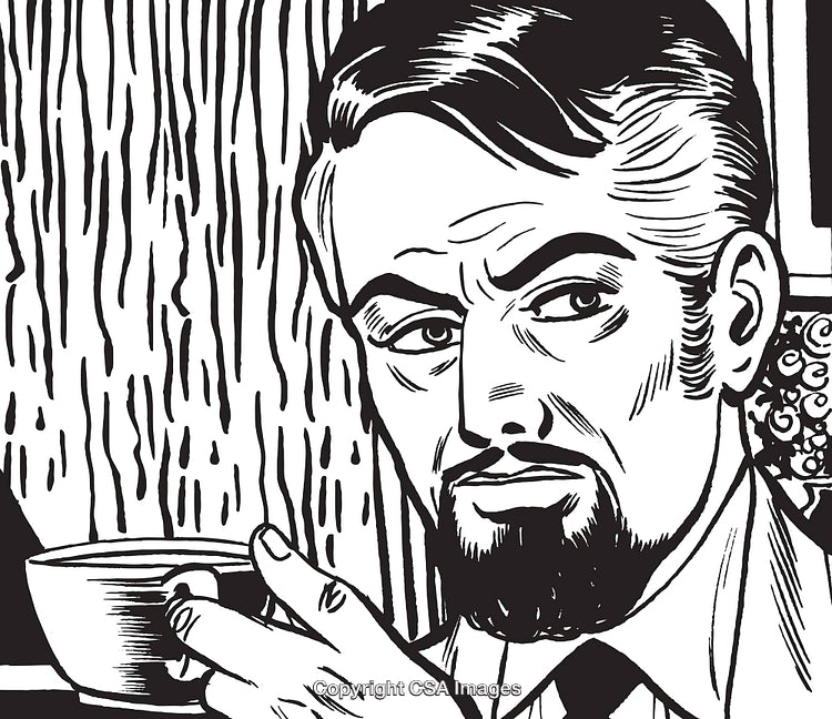 Vintage Black and White Line Art of a Thoughtful Man Enjoying a Cup of Tea