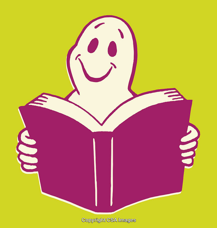Cheerful Cartoon Character Reading a Book on Colorful Background