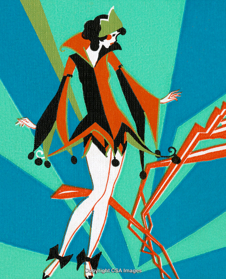 Colorful Art Deco Jester Illustration with Abstract Geometric Background