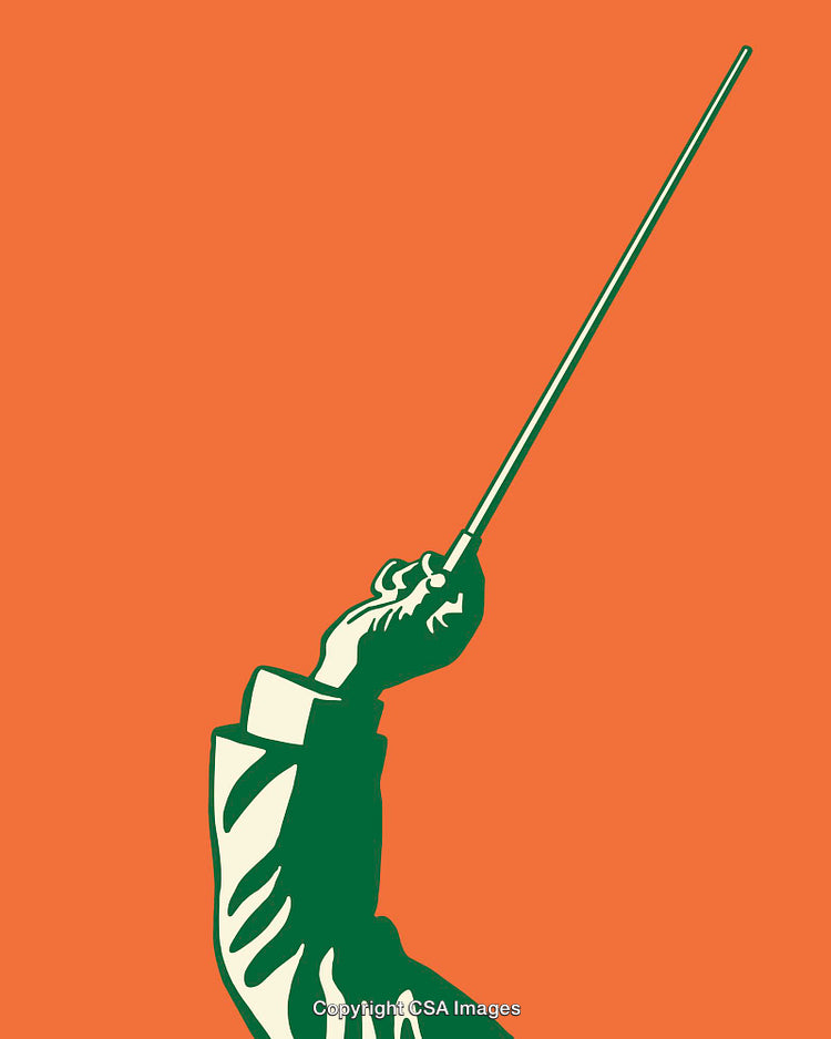 Minimalist Illustration of a Conductor Holding a Baton on Orange Background
