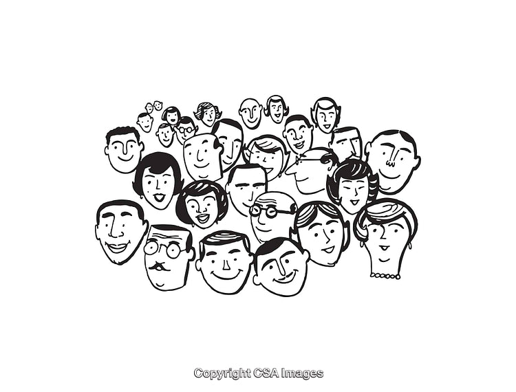Black and White Line Art Depicting a Happy Group of Diverse Faces