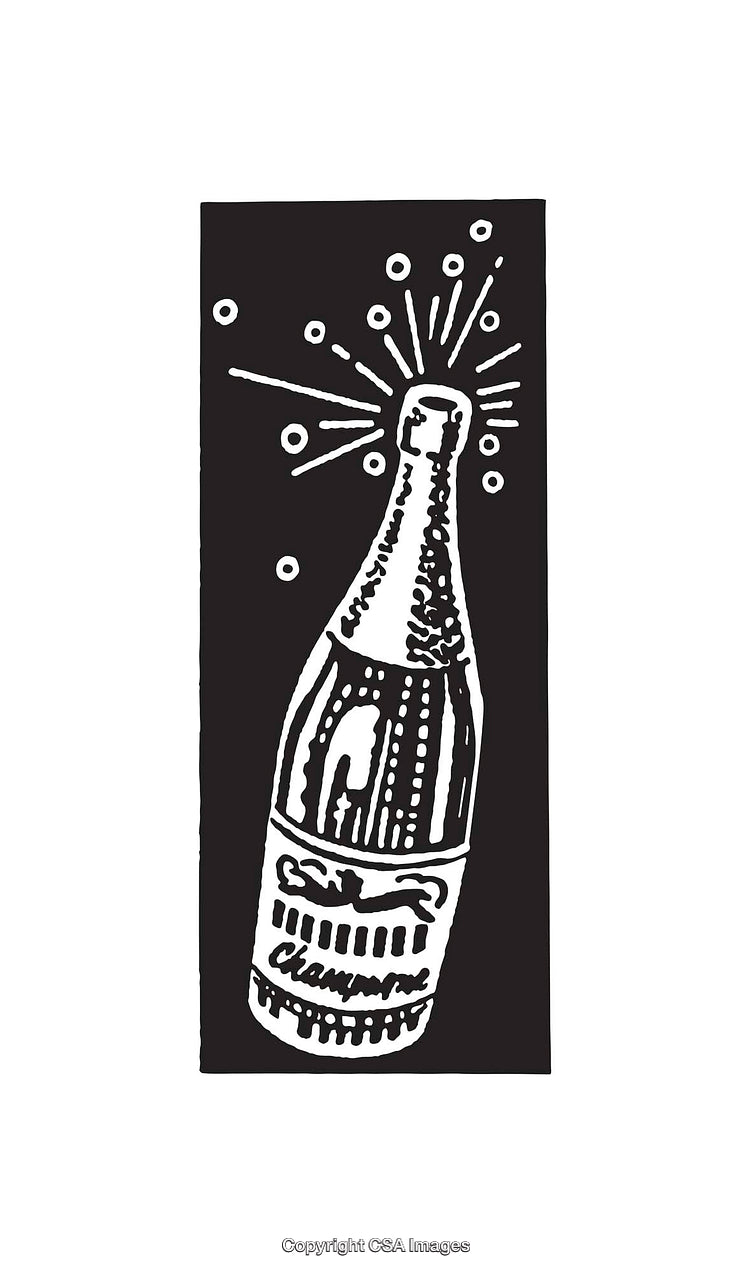 Black and White Line Art of Champagne Bottle with Bubbly Accents