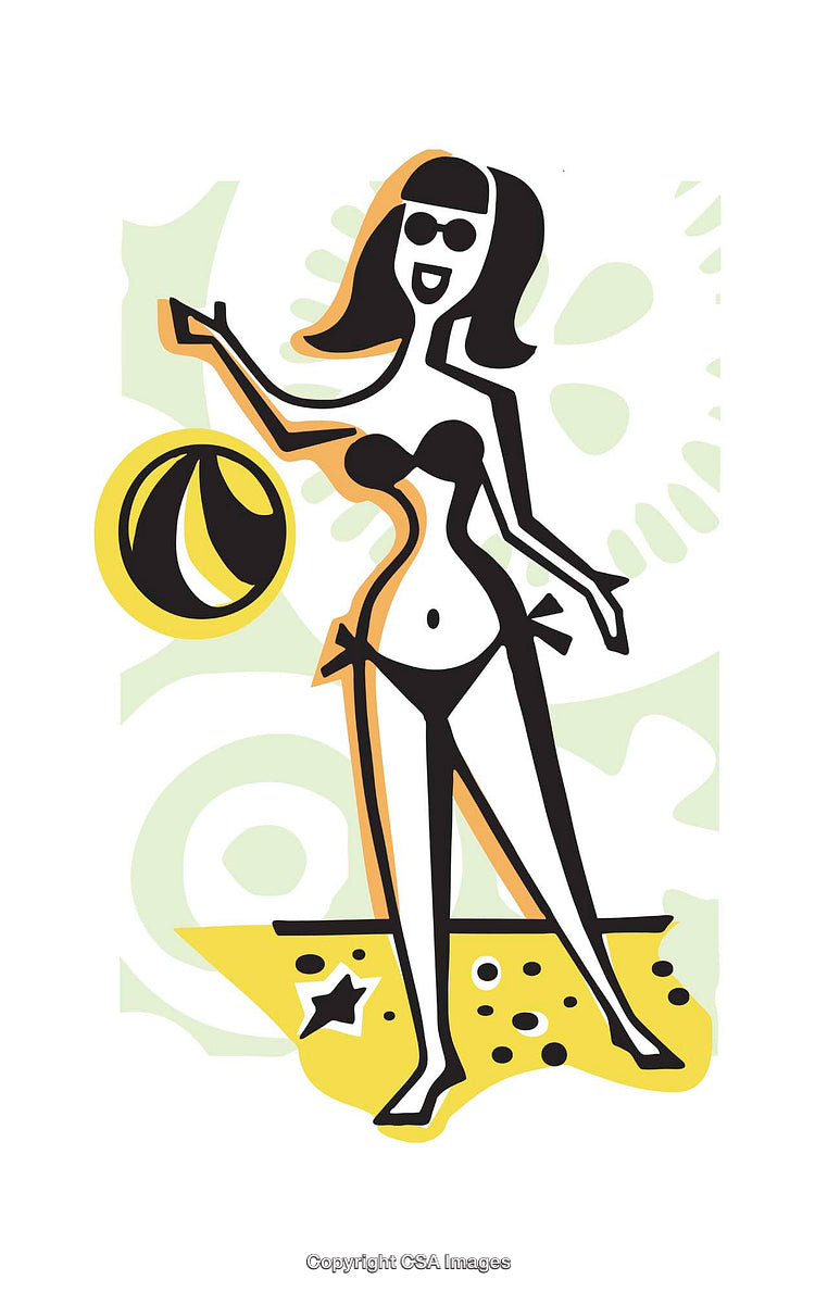 Playful Summer Illustration Featuring Woman on Beach With Ball in Hand