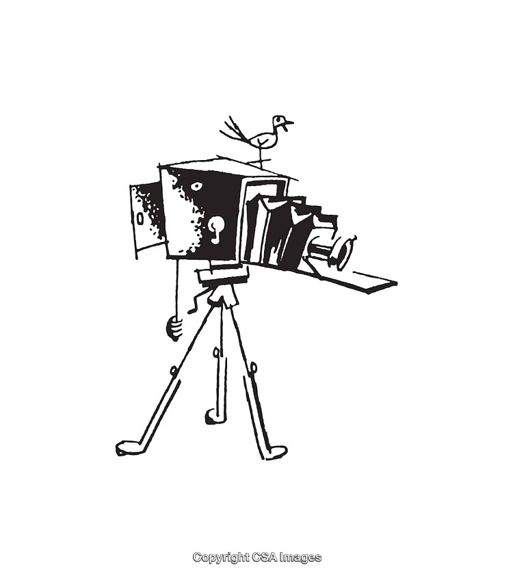 Vintage Box Camera Illustration With Bird on Top in Black and White