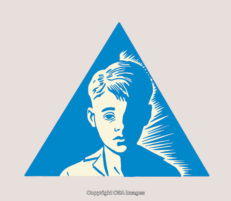 Illustrated Blue and Beige Line Art of a Boy in a Triangle Design