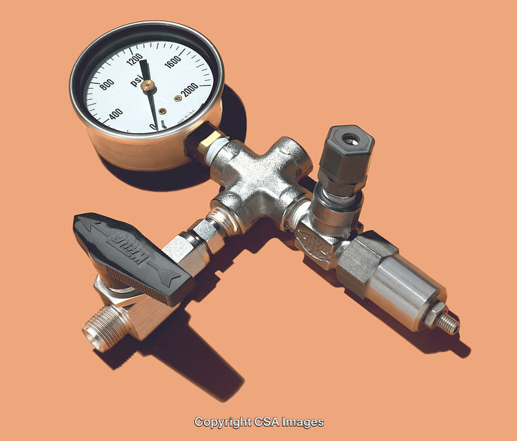 High-Pressure Valve Component with PSI Gauge Depicted on Orange Background