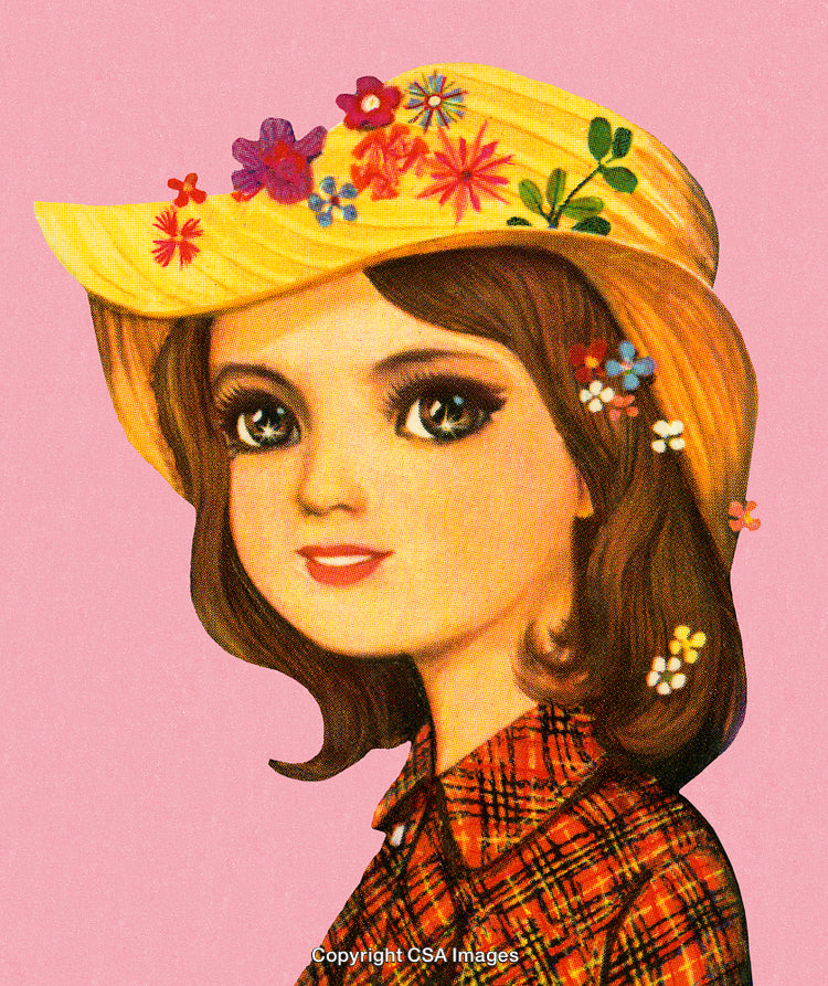 Vintage Illustration of a Woman in Floral Hat with Plaid Outfit