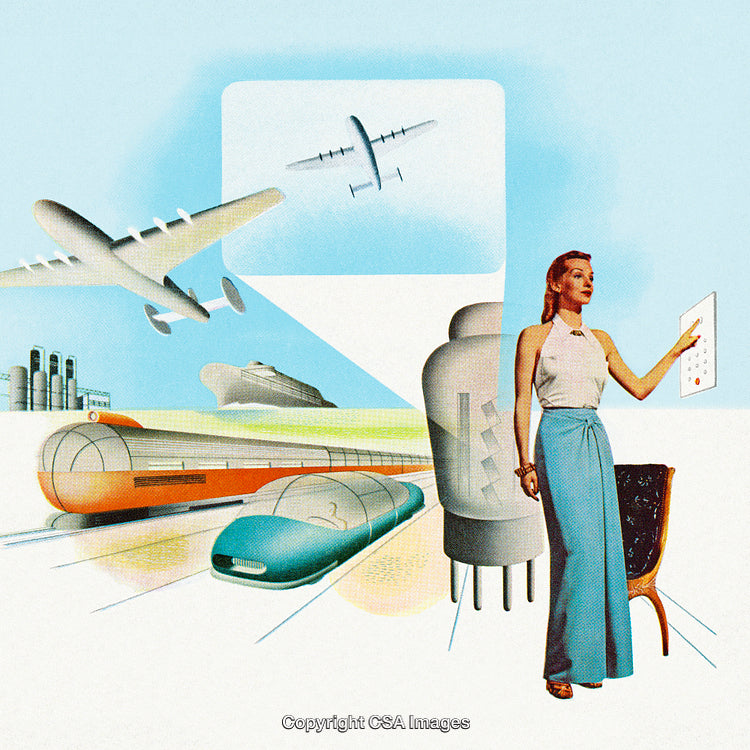 Retro Styled Illustration Depicting Future Transportation and Technology Concepts