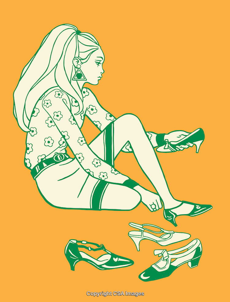 Retro Styled Line Art of Woman Trying on Shoes