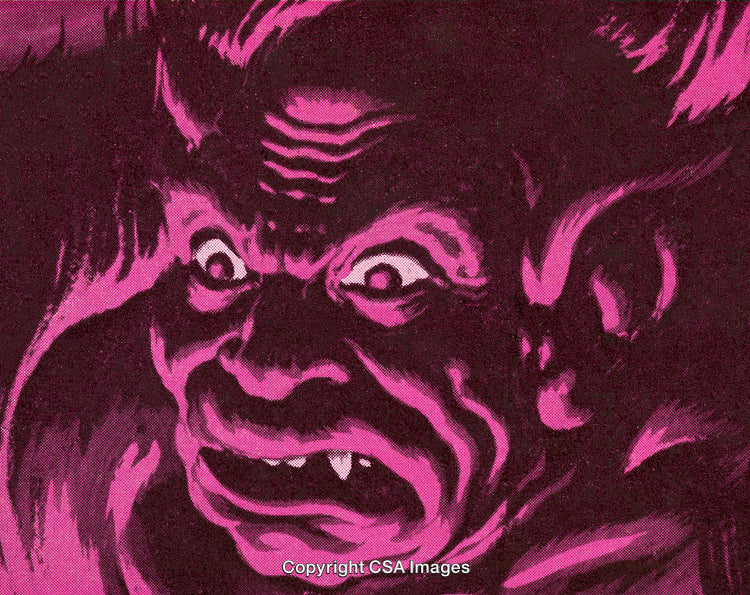 Illustrated Demon Face With Intense Expressions in Vibrant Pink Hues