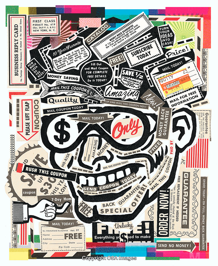 Vintage Advertisement Collage Featuring Bold Typography and Graphic Elements