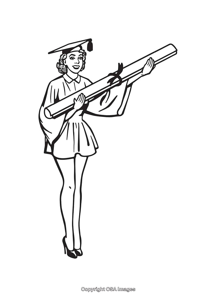 Black and White Illustration of a Graduate Holding a Large Diploma