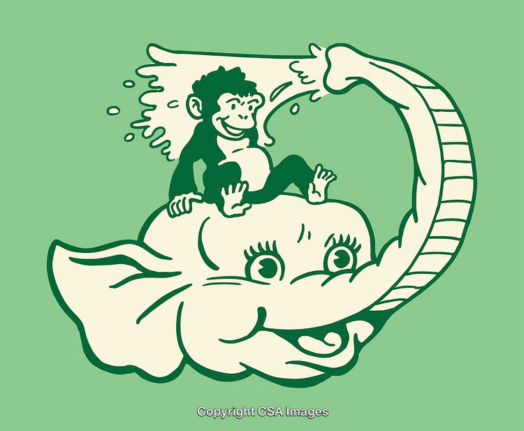 Playful Cartoon Monkey Riding an Elephant with Splashing Water