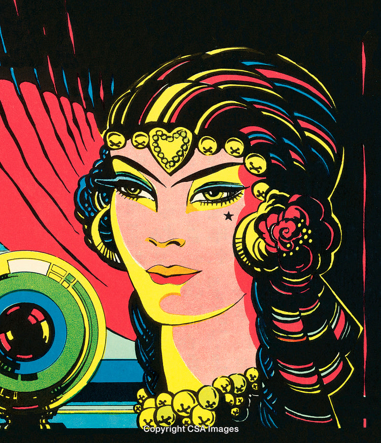 Vibrant Pop Art Portrait of a Woman with Intricate Accessories
