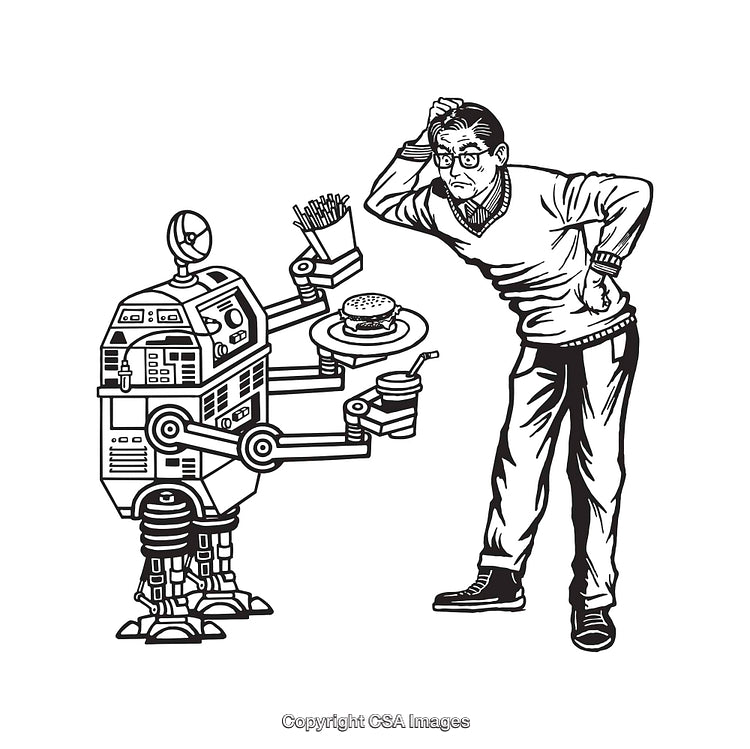 Black and White Illustration of Robot Serving Food to a Surprised Man