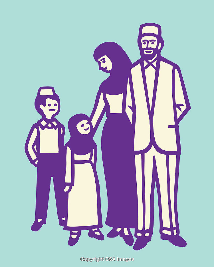 Illustration of a Happy Family Standing Together in Coordinated Outfits