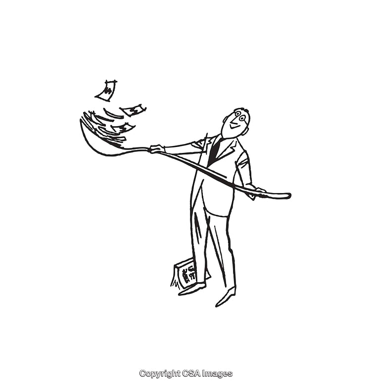 Businessman Enjoying Success and Wealth in Whimsical Line Art Drawing