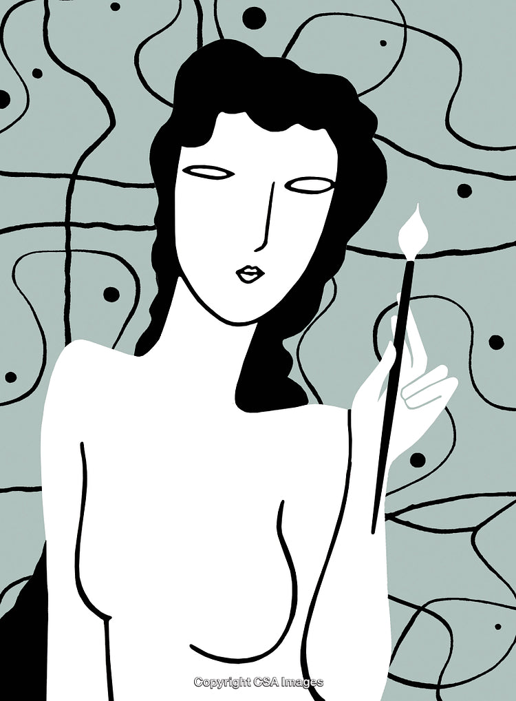 Minimalist Illustration of a Woman Holding a Brush with Abstract Background Patterns