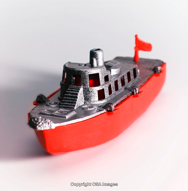 Red and Silver Plastic Toy Ship With Detailed Design
