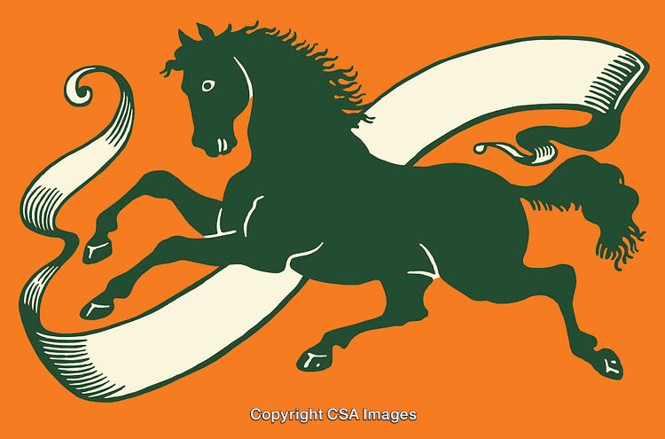 Colorful Illustration Featuring Green Horse Silhouette on Orange Background with Abstract Ribbon
