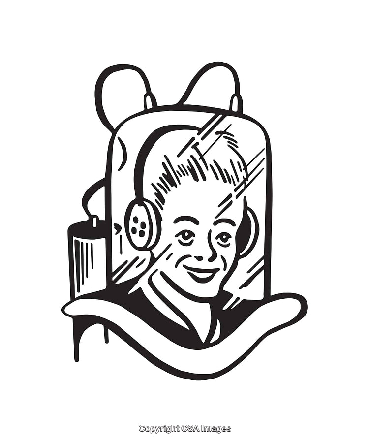 Retro-Style Line Art Illustration of A Smiling Person Wearing a Jetpack