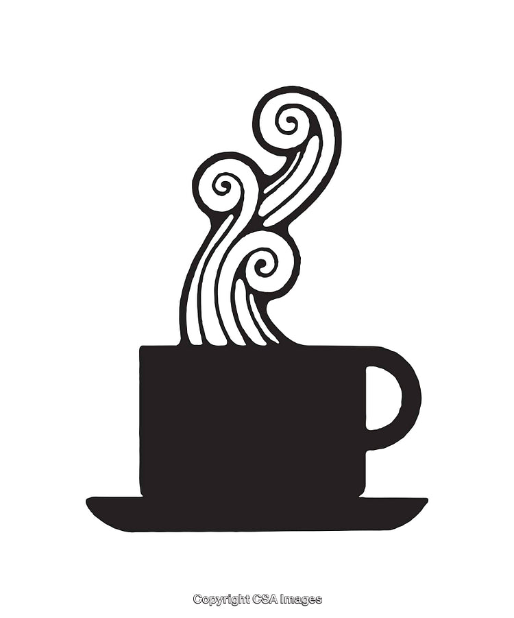 Black and White Line Art of a Coffee Cup with Steaming Swirls