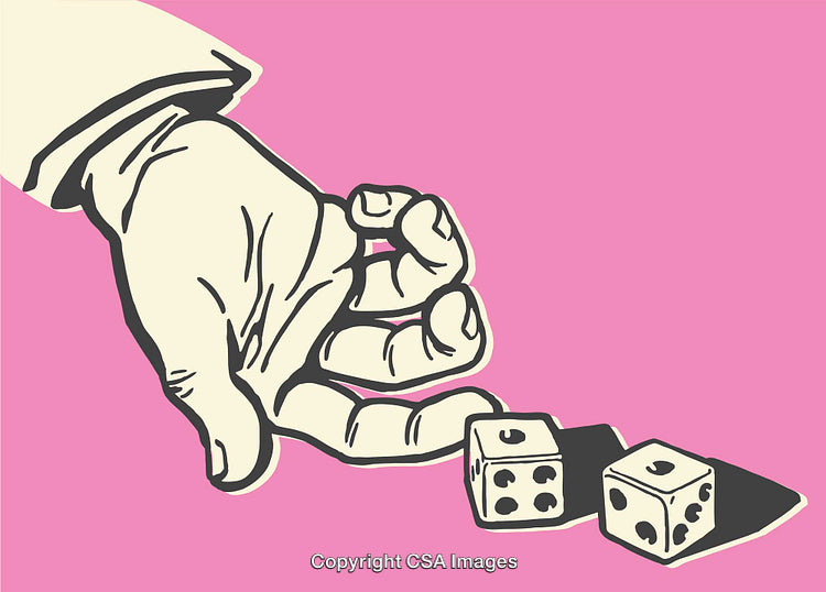 Illustration of Hand Rolling Dice with Pink Background in Retro Style