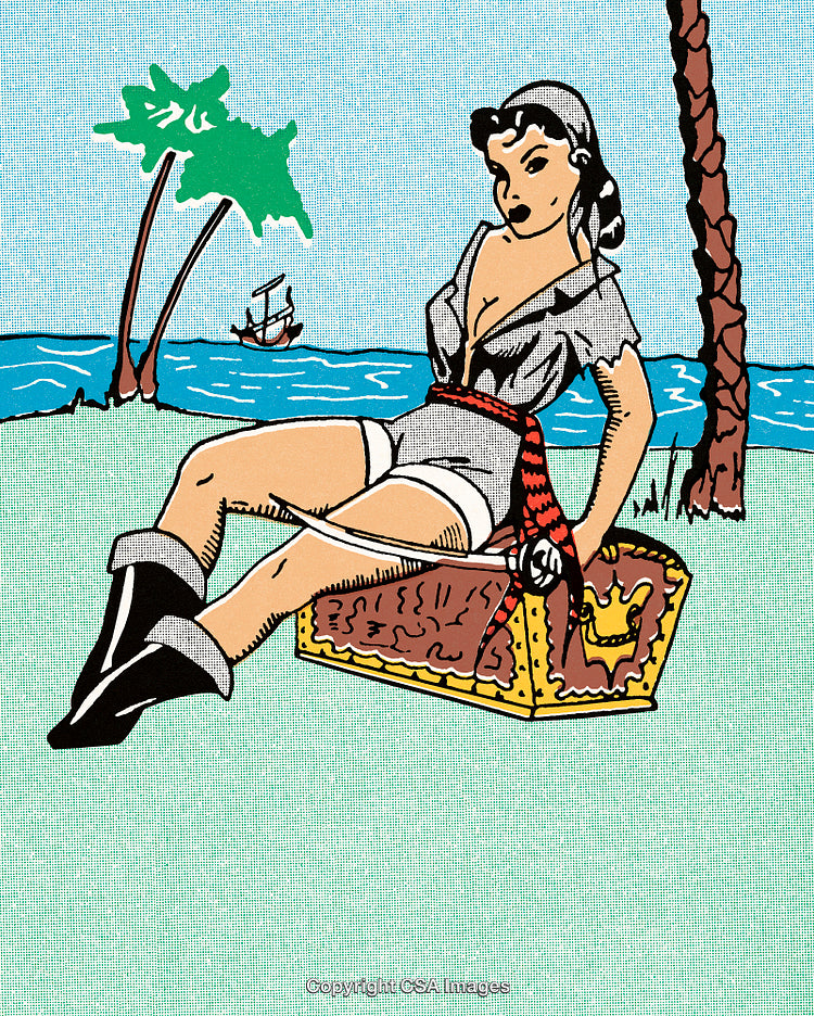 Vintage Comic Illustration of a Pirate Woman Sitting by Treasure Chest