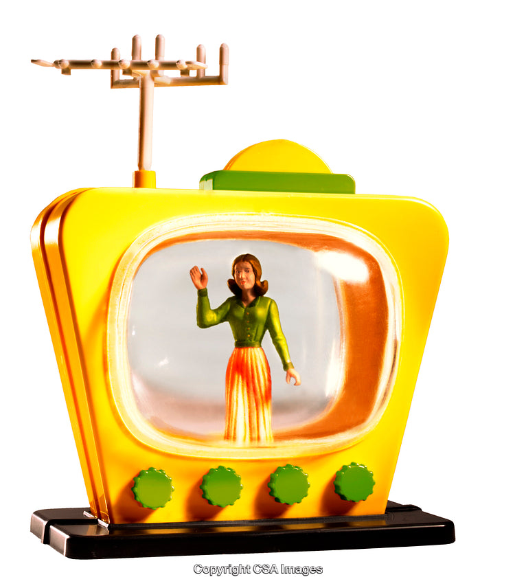 Retro Yellow Television Toy Featuring Figurine Inside Display