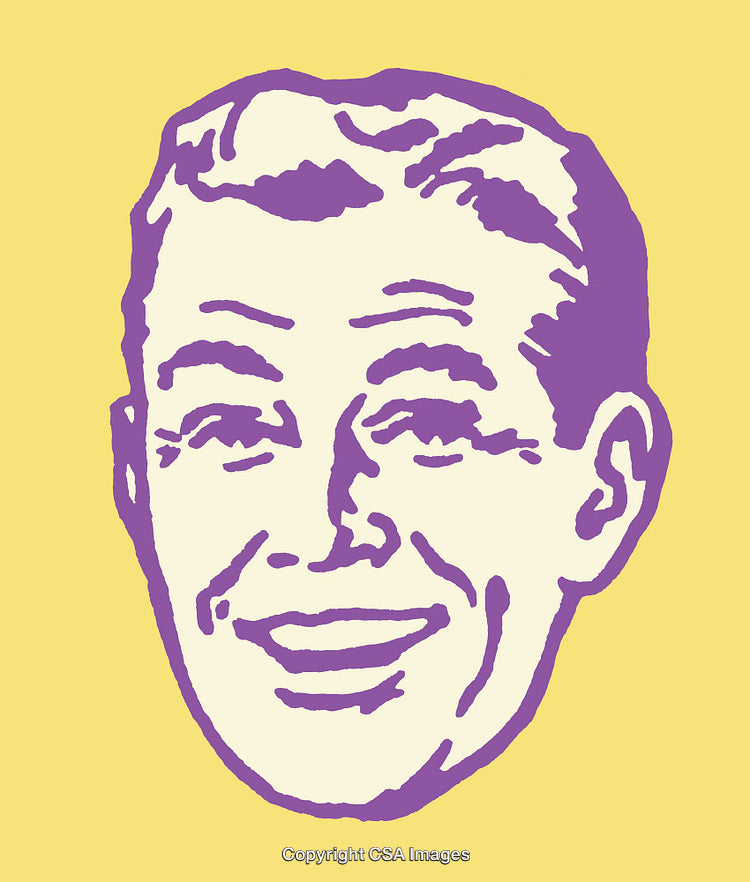 Retro Line Art Illustration of Smiling Face with Bold Colors and Shades