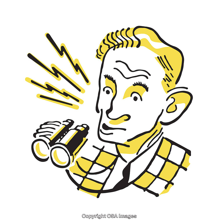 Retro Illustrated Character Observing Through Binoculars with a Radiant Expression