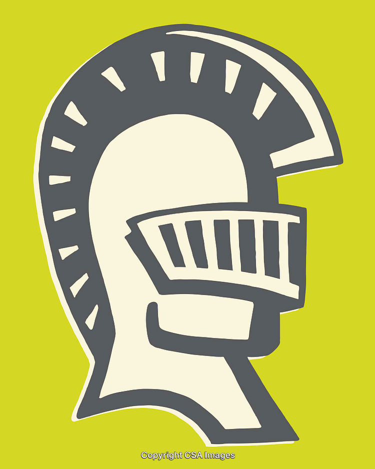 Stylized Illustration of a Spartan Warrior Helmet in Bold Colors