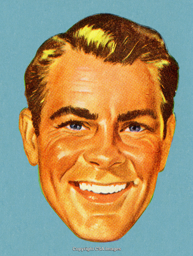 Smiling Vintage Illustration of a Retro Man Against Blue Background