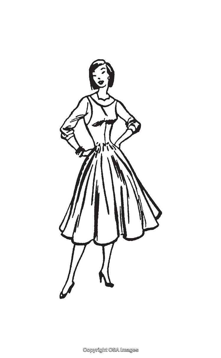 Vintage Line Art Illustration of Elegant Woman in 1950s Attire