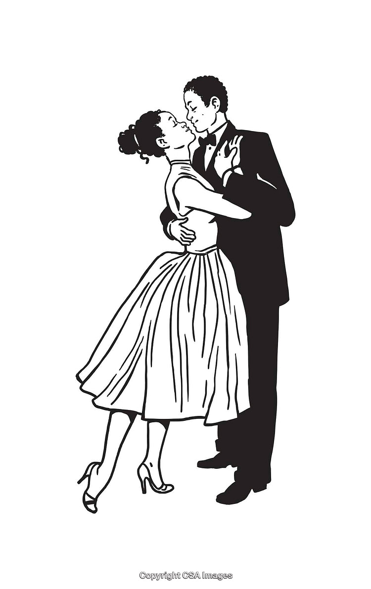 Elegant Dancing Couple in Vintage-Inspired Black and White Line Art