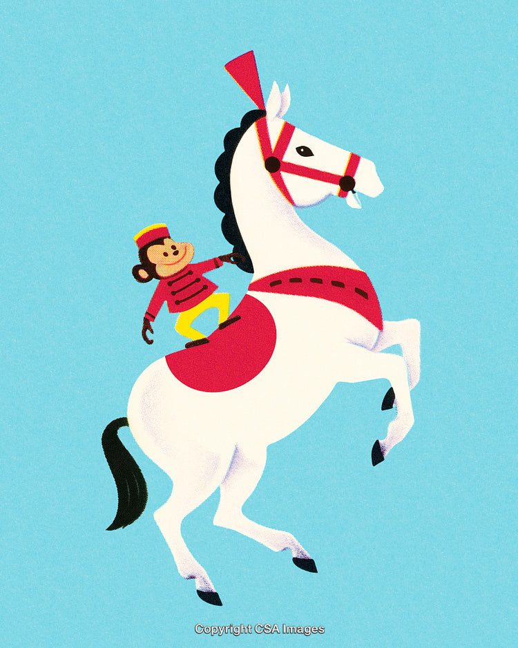 Playful Monkey Riding a White Horse in a Circus-Themed Illustration