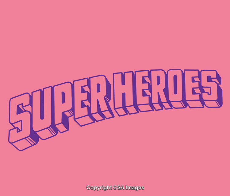 Colorful Pop Art Text Illustration Featuring the Words Super Heroes on Pink Background