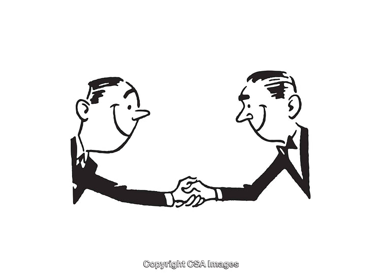 Businessmen Shaking Hands in Retro Style Black and White Illustration