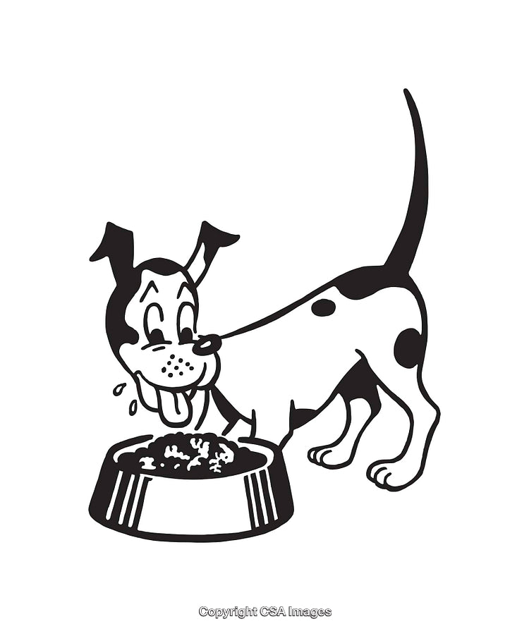 Cute Dog Eating From Bowl in Adorable Black and White Illustration