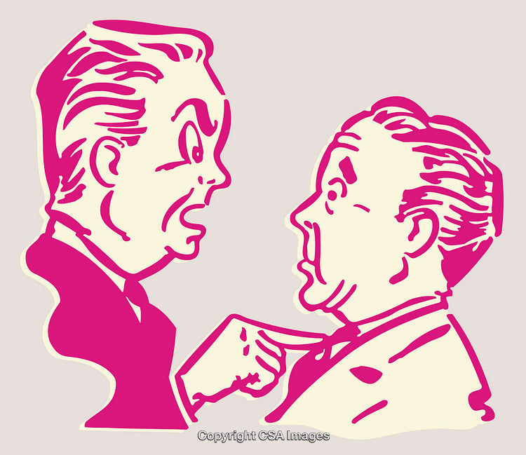 Two Men Engaged in Dispute Illustrated in Pink Line Art Style