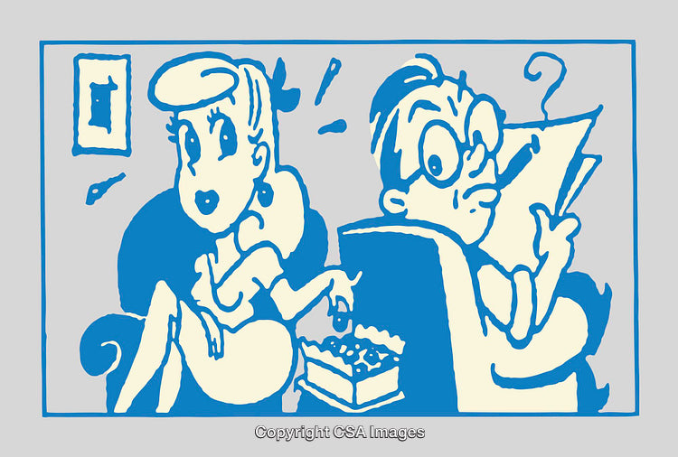 Vintage Line Art Illustration of a Surprised Couple in a Living Room