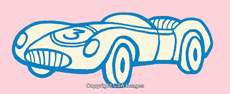 Colorful Line Art Drawing of Vintage Race Car on Pink Background